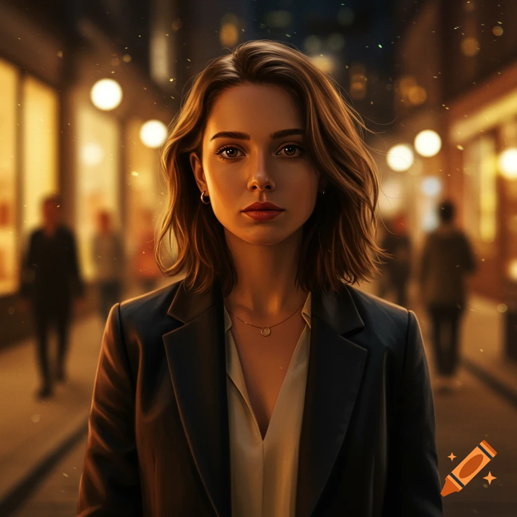 Photorealistic portrait of a young woman with short brown hair, wearing a white shirt and dark blazer, on a dimly lit city street at night.