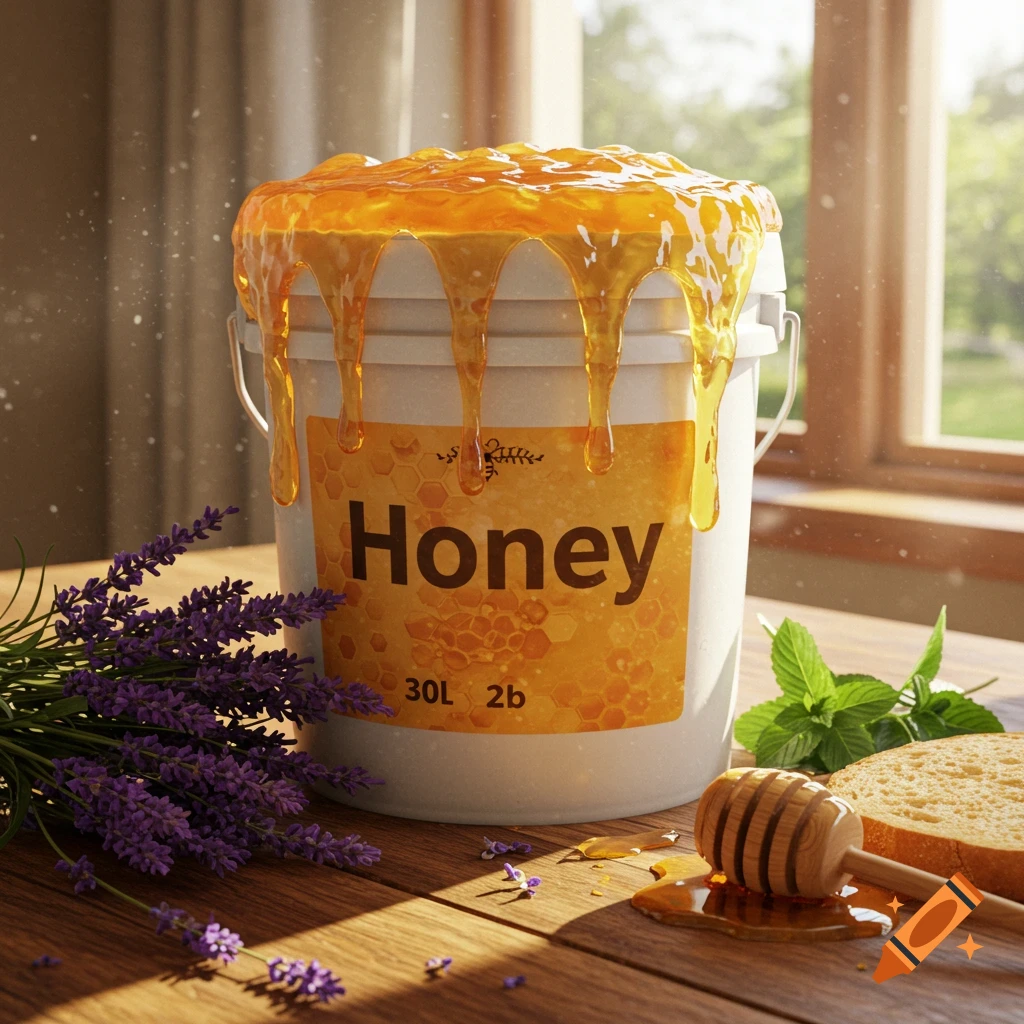 Photorealistic image of a white honey bucket overflowing with honey, surrounded by lavender, mint, bread, and a honey dipper on a wooden table.
