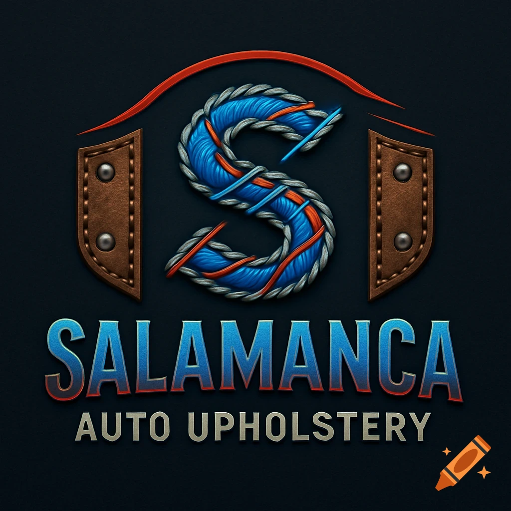 Logo for Salamanca Auto Upholstery featuring a stylized 'S' of blue and orange threads and grey rope, with brown leather accents.