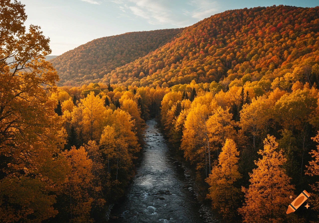 A river flows through a valley adorned with vibrant yellow and orange autumn trees under a bright sky.