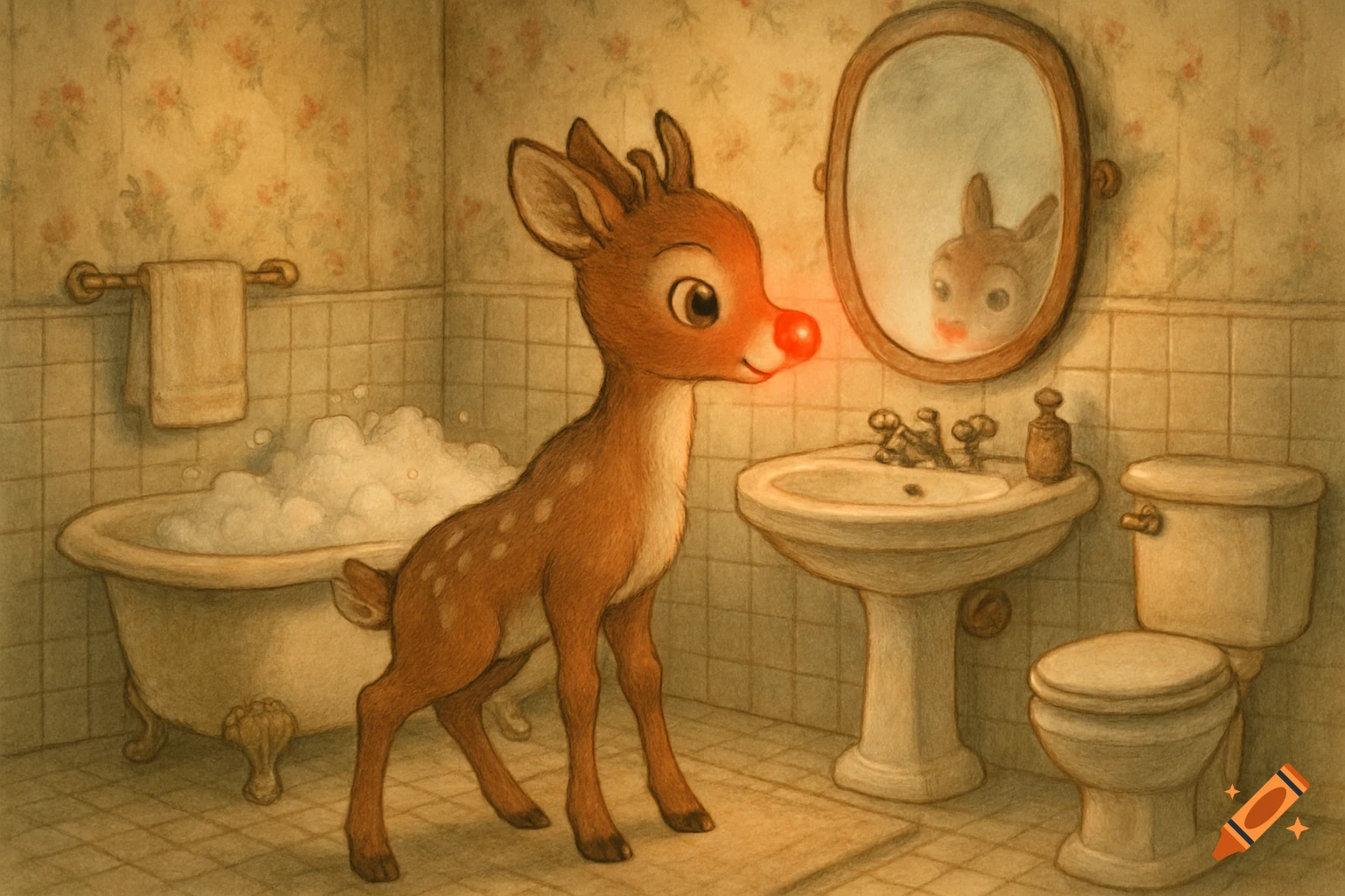 Cartoon Rudolph the red-nosed reindeer fawn standing in an old-fashioned bathroom, looking at its reflection in the mirror.