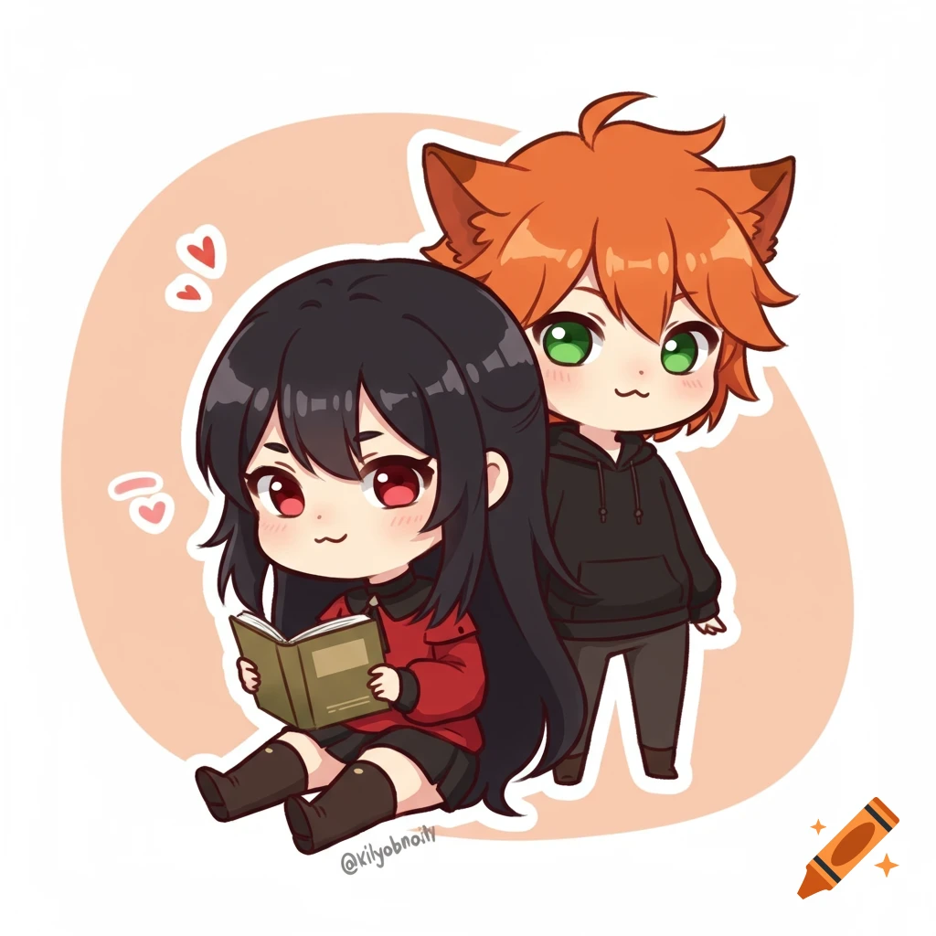 Chibi drawing of a black-haired girl in red reading a book, with an orange-haired character with animal ears behind her.