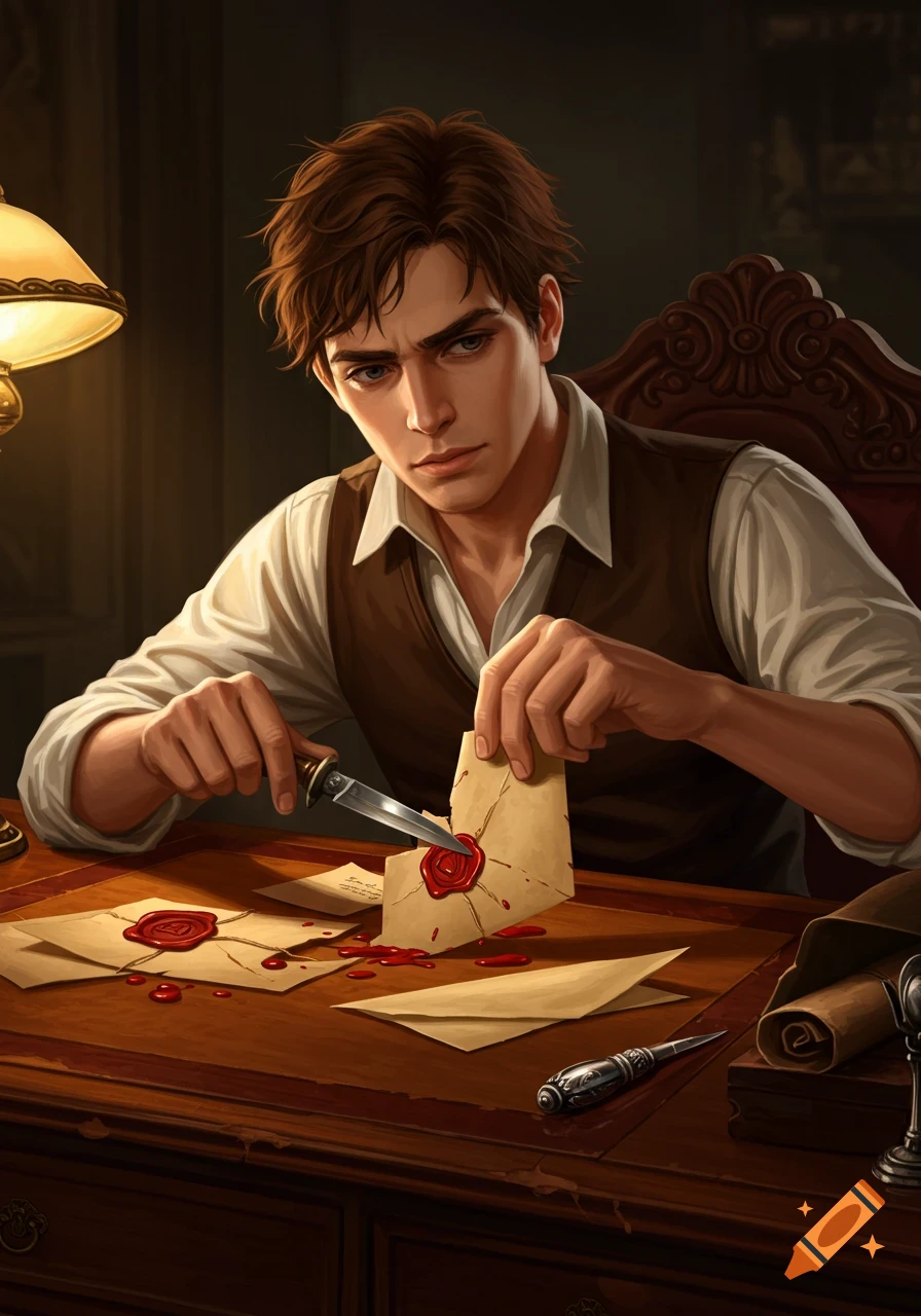 An intense young man with brown hair uses a knife to tear open a letter sealed with red wax, sitting at a dimly lit wooden desk with other letters and red wax spilled around. The style is a detailed, dramatic illustration.