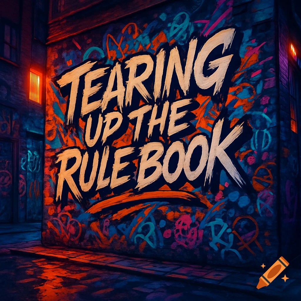 Vibrant graffiti mural 'TEARING UP THE RULE BOOK' in an urban alleyway at night, with glowing neon colors.