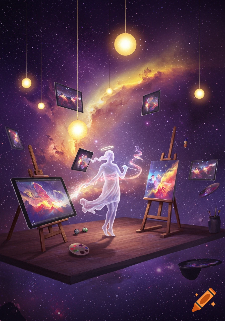 An ethereal artist figure paints on a floating stage amidst cosmic nebulae, surrounded by easels, digital tablets, and glowing orbs.