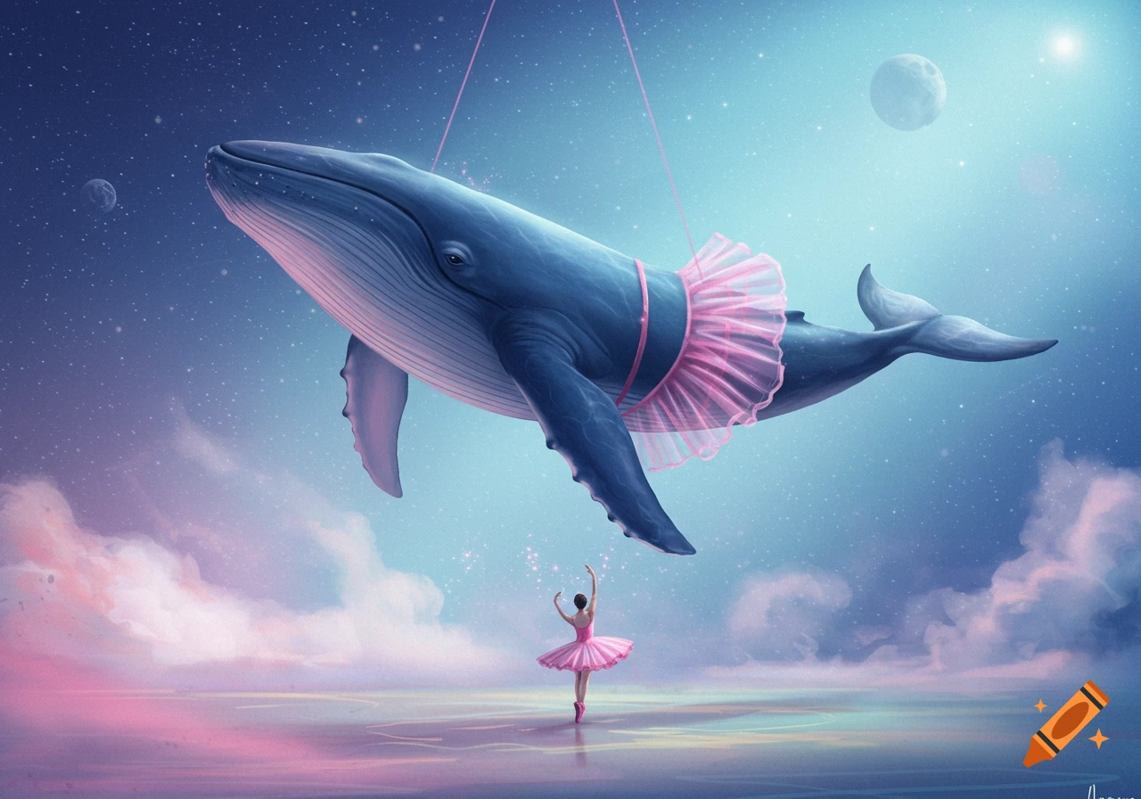 A blue whale in a pink tutu floats in a starry, pastel sky above a tiny ballerina dancing on a reflective surface.
