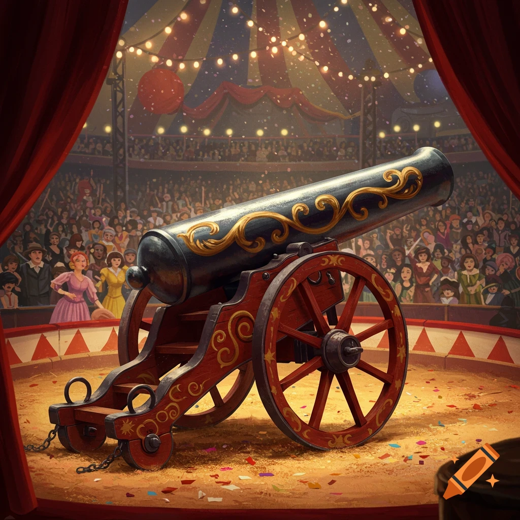 A large, ornate black and gold circus cannon stands on a dirt ring in a big top tent, with a cheering crowd in the background. The tent is colorful with string lights.