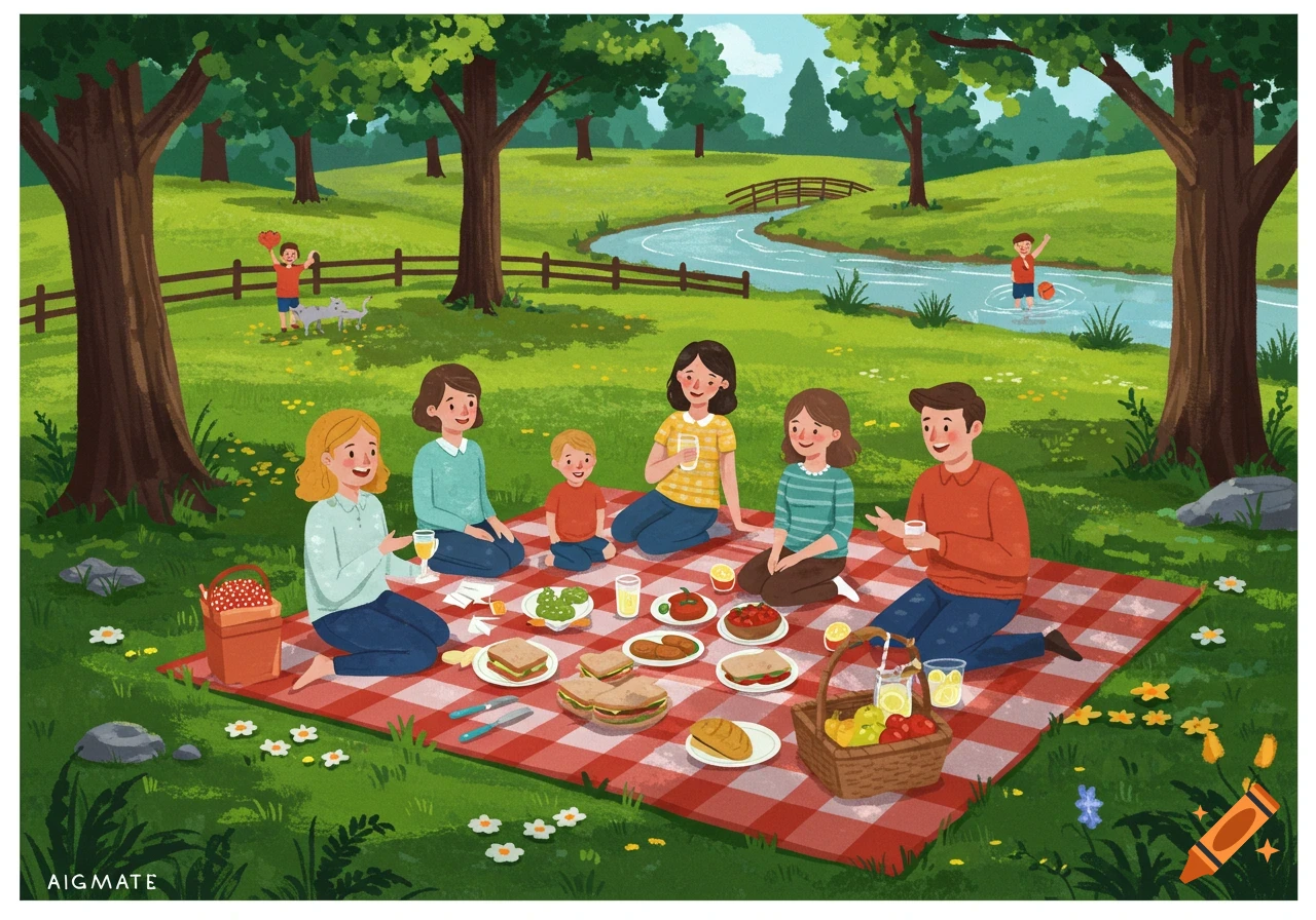 A family enjoys a whimsical picnic in a sunny park with a river, trees, and children playing.