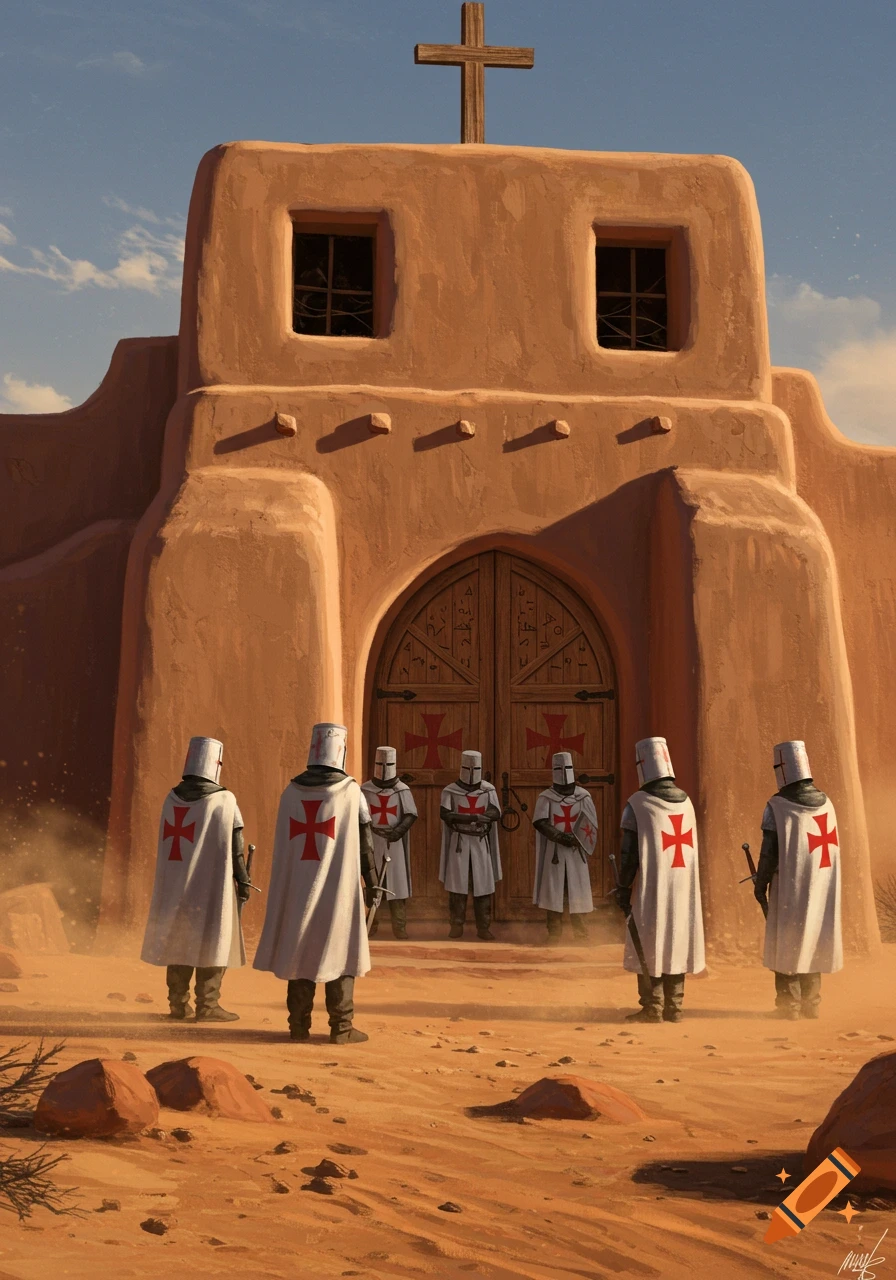 Knights Templar stand before an adobe chapel with a cross in a desert landscape, digital painting.