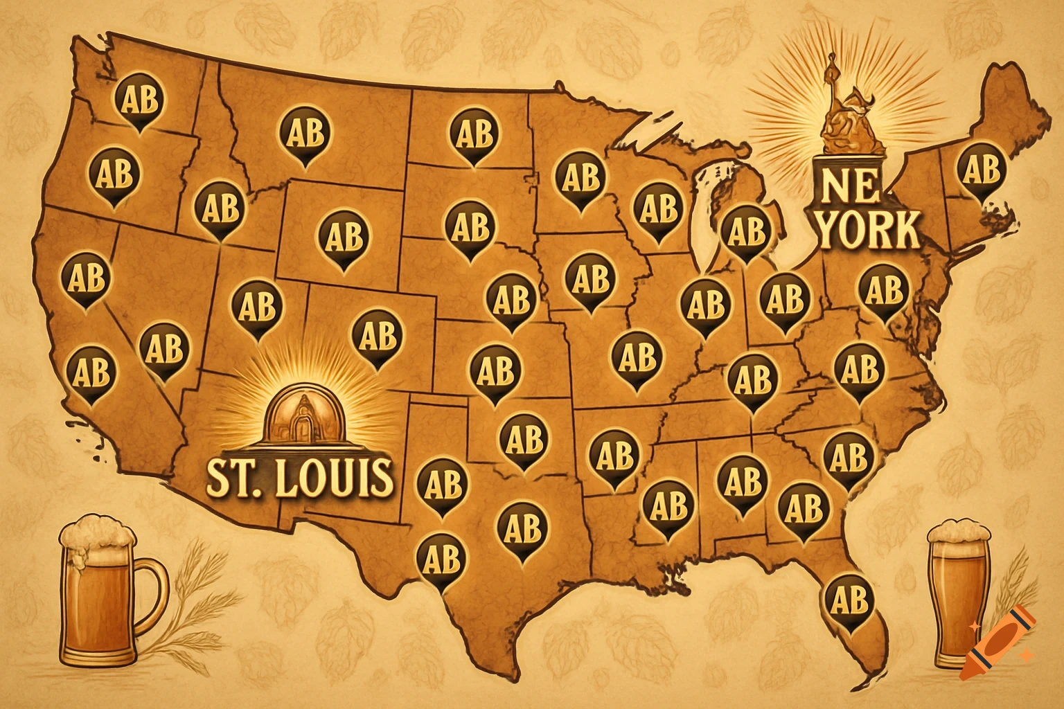 Vintage style US map with Anheuser-Busch brewery markers, St. Louis and New York prominently labeled, and beer glasses.
