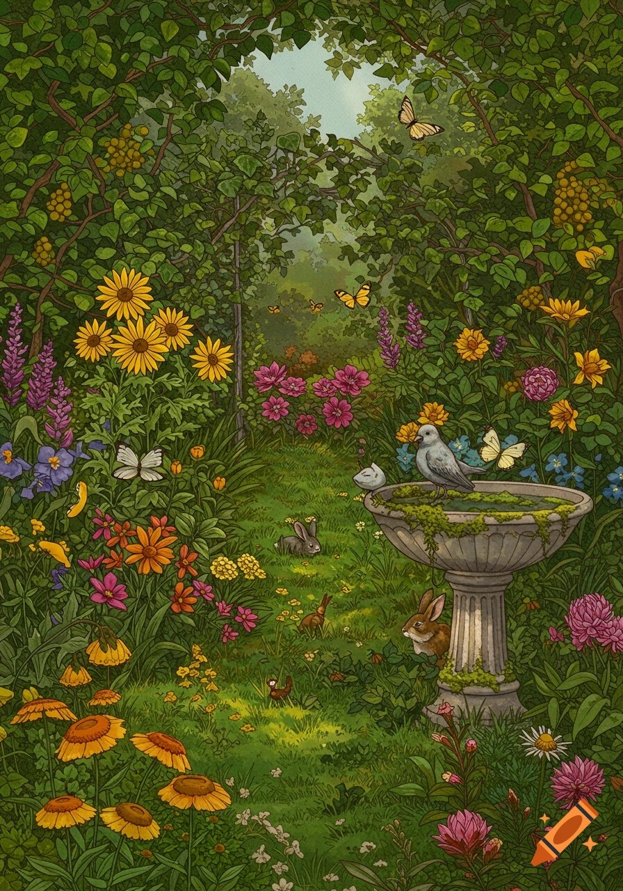 Lush illustration of a vibrant garden pathway with colorful flowers, butterflies, a birdbath, a bird, and rabbits.
