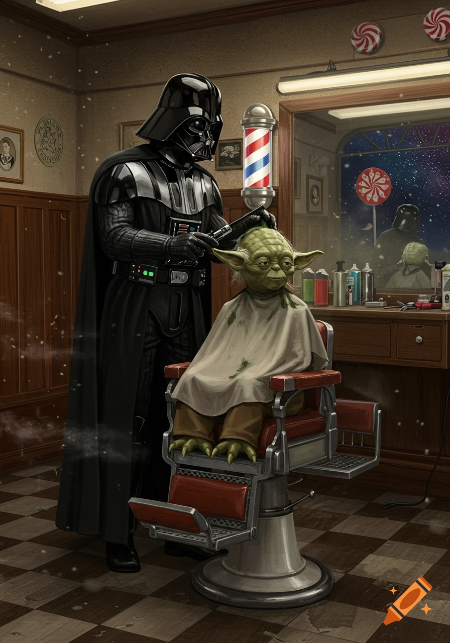 Darth Vader trims Yoda's hair in a vintage barber shop, with their reflections visible in the mirror.