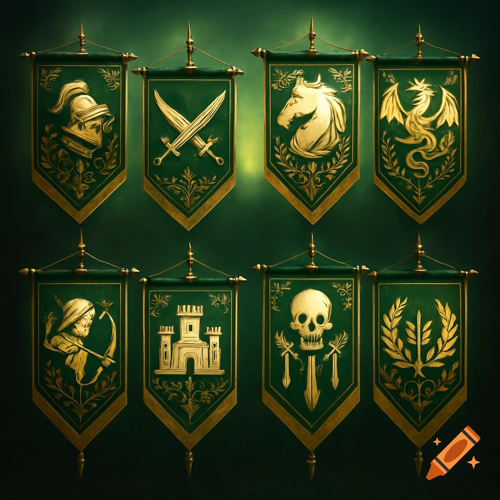 Eight ornate green and gold fantasy banners with symbols including a helmet, swords, horse, dragon, archer, castle, skull, and laurel wreath.