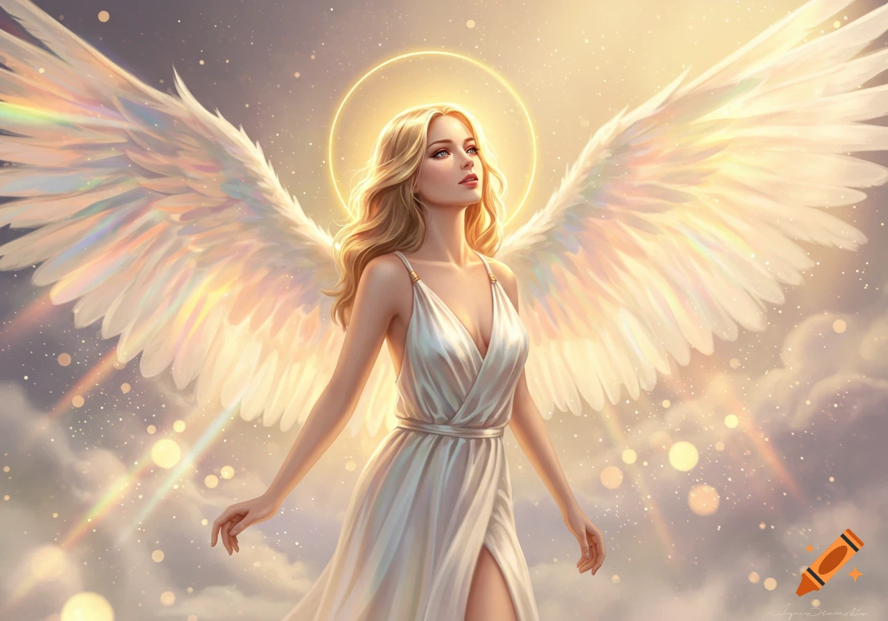 A beautiful blonde angel with large white wings and a glowing halo looks up, standing in an ethereal, golden sky.