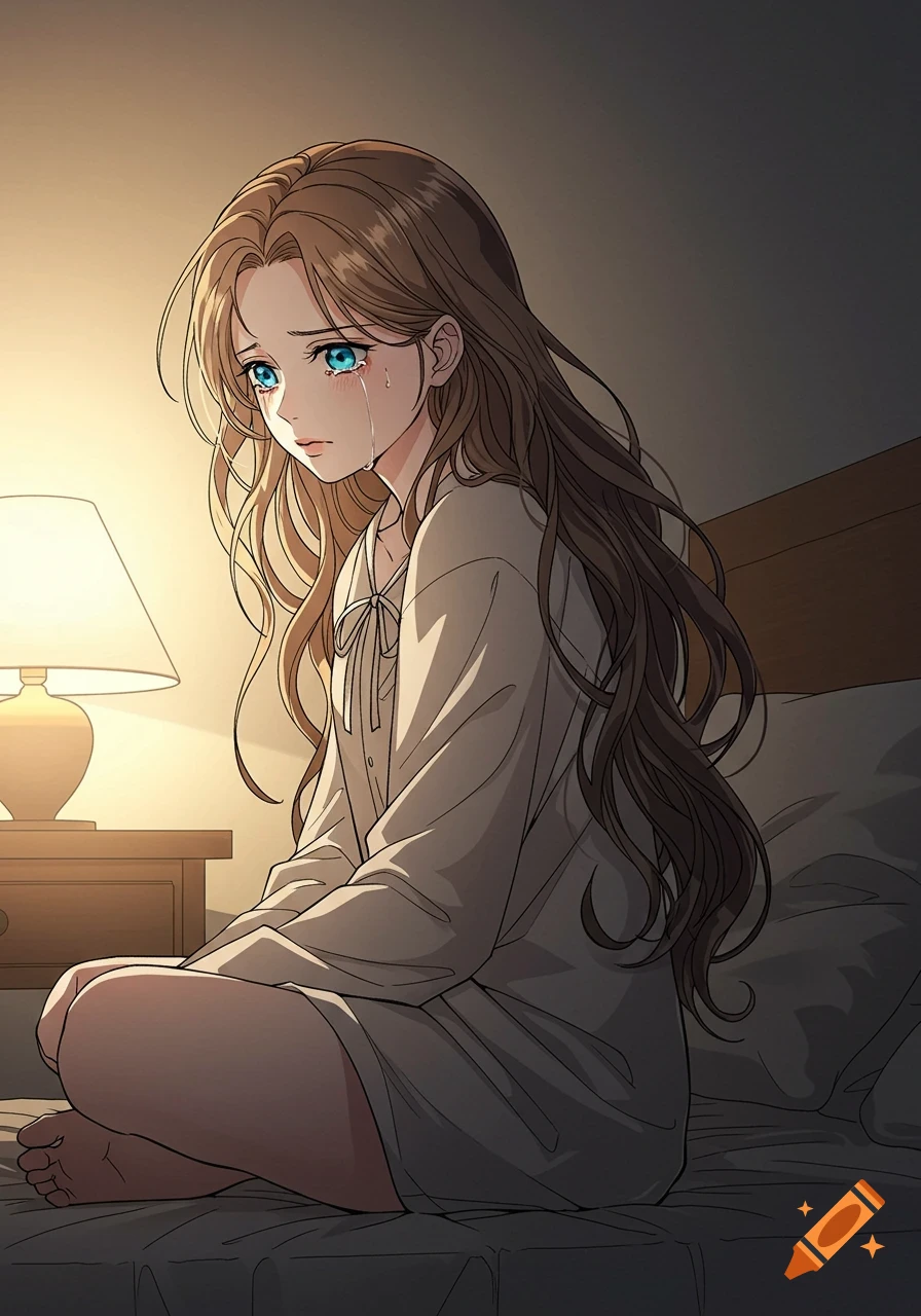 Webtoon style illustration of a sad girl with brown hair crying while sitting on a bed in a dimly lit room.