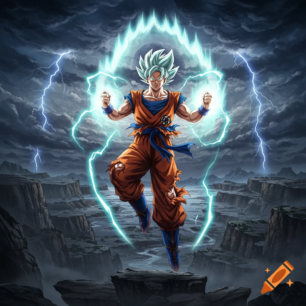 Goku in Super Saiyan Ultra Instinct form, surrounded by glowing blue energy and lightning, floating above a rocky landscape under a stormy sky in an anime style.