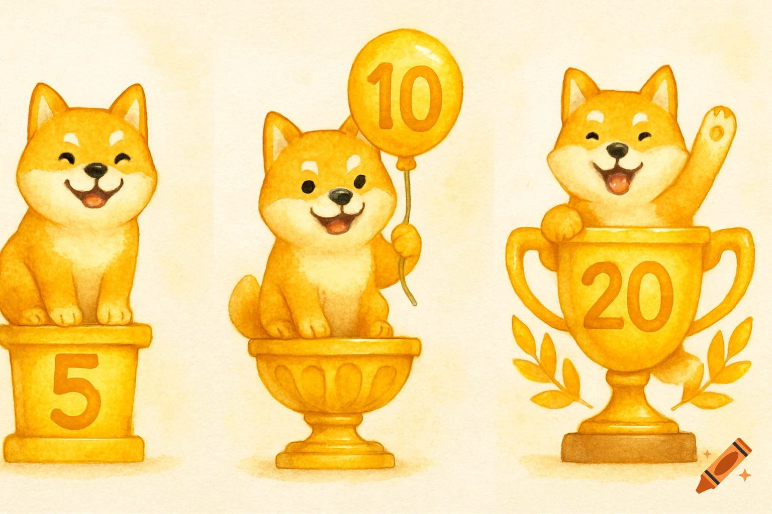 Three watercolor Shiba Inu illustrations: one on a pedestal with '5', one holding a '10' balloon, and one in a '20' trophy.