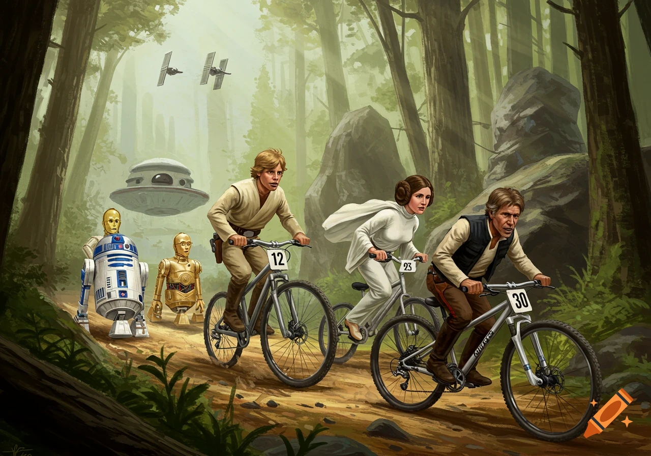 Luke, Leia, and Han ride mountain bikes through a lush forest path, with R2-D2, C-3PO, TIE fighters, and a landspeeder in the background. Illustrated style.