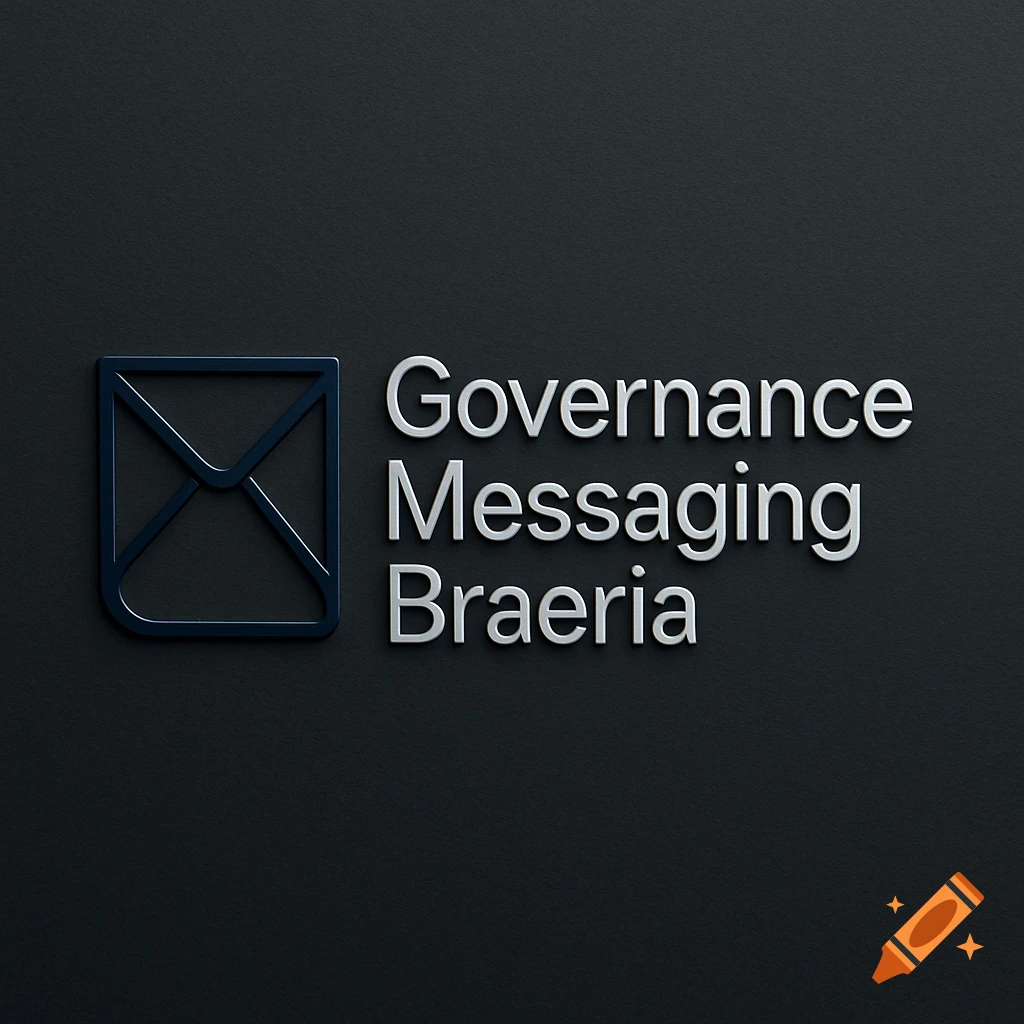 Modern professional logo with a dark blue envelope icon and silver 3D text 'Governance Messaging Braeria' on a dark textured background.