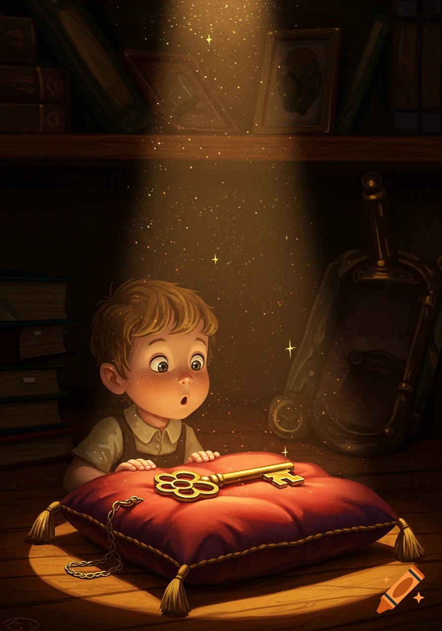 An illustrated boy looks surprised at a glowing golden key on a red cushion in a dimly lit, magical room.
