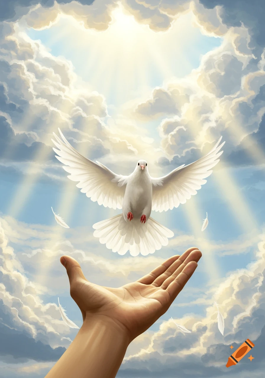 A white dove flies up from an open hand, with radiant light breaking through clouds in a blue sky.