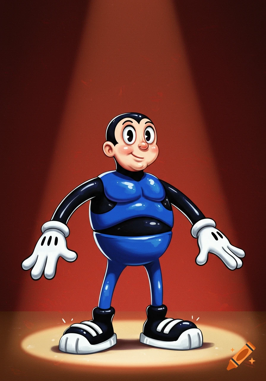 A cartoon superhero character with large eyes, a blue and black suit, white gloves, and black shoes stands under a spotlight.