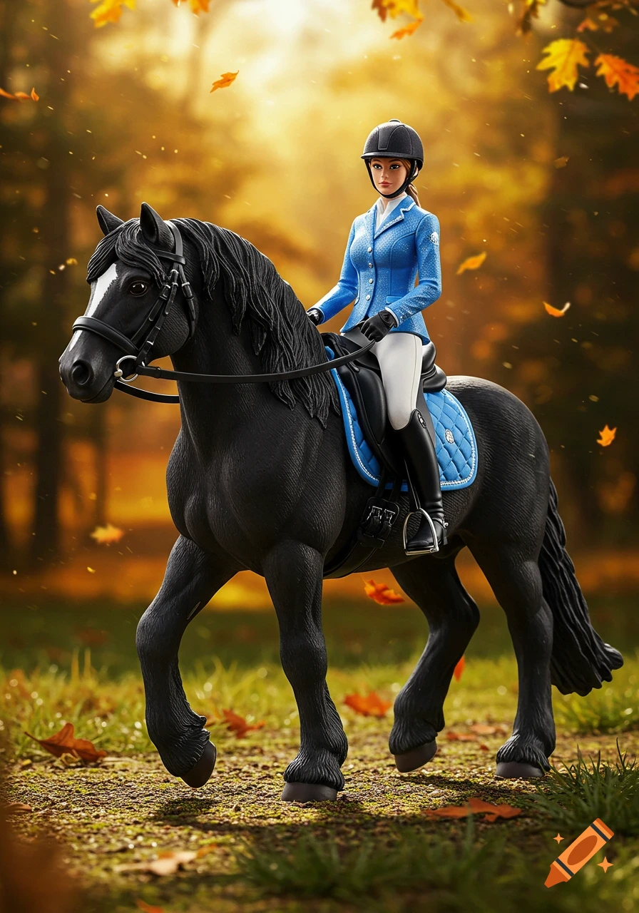 Schleich-style figurine of a female rider in a blue jacket on a black horse, walking on an autumn path with falling leaves.
