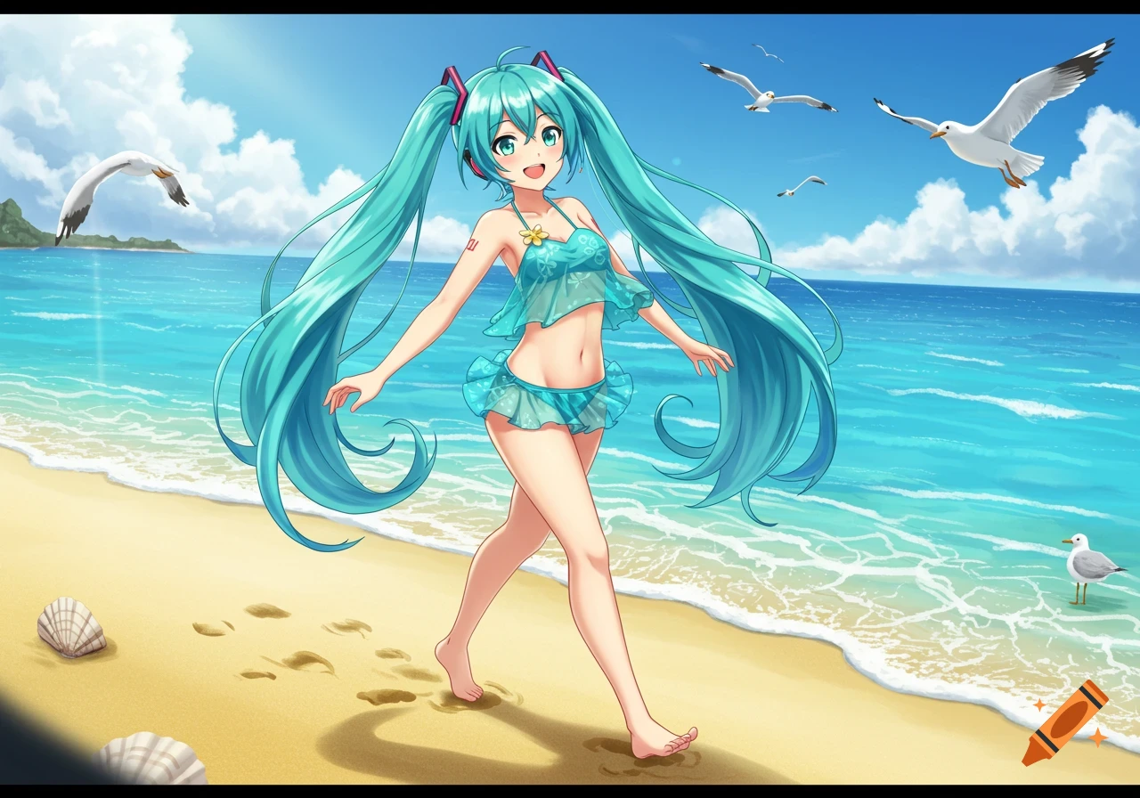 Hatsune Miku, an anime character, walks barefoot on a sunny sandy beach in a turquoise swimsuit, with seagulls flying over the blue ocean.