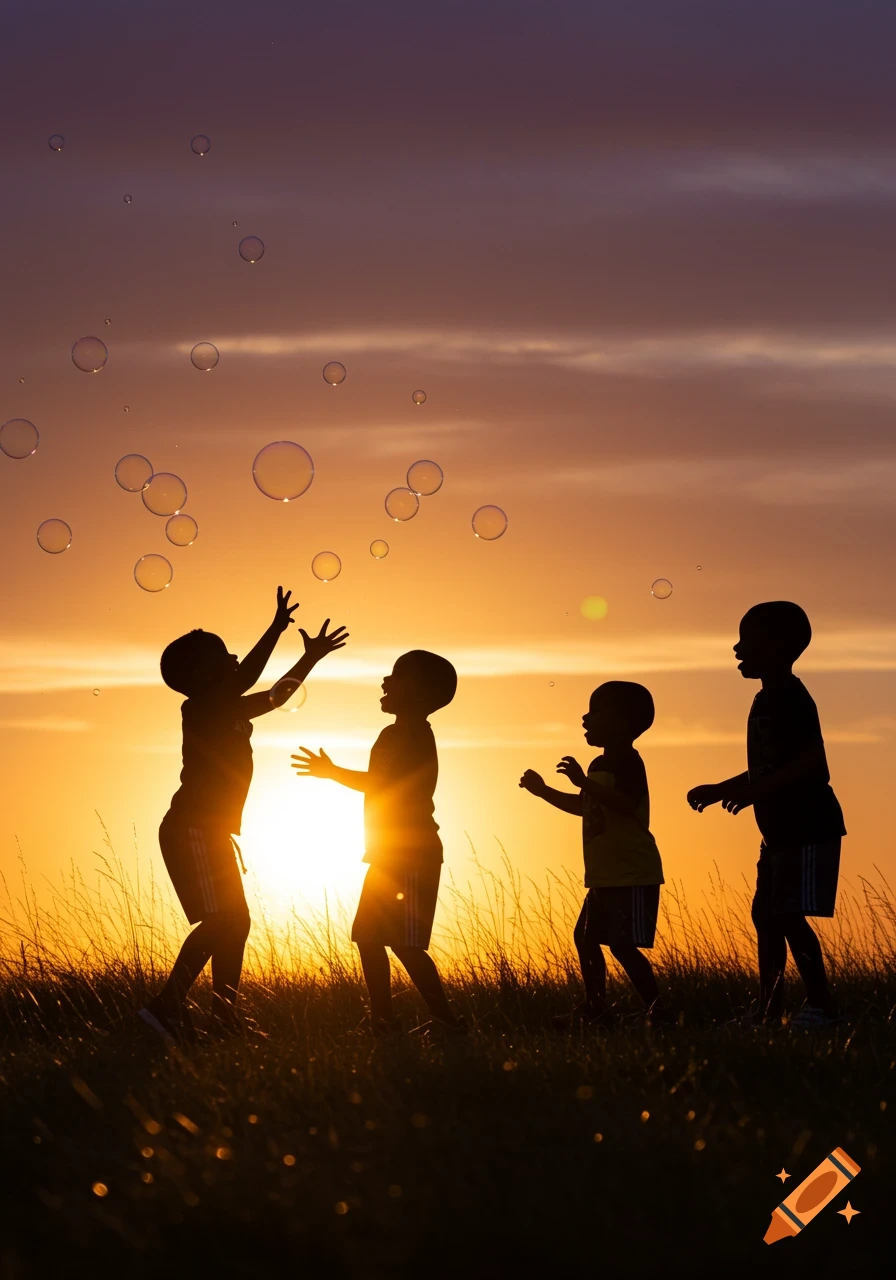 Silhouette of four children playing with bubbles in a grassy field at sunset.