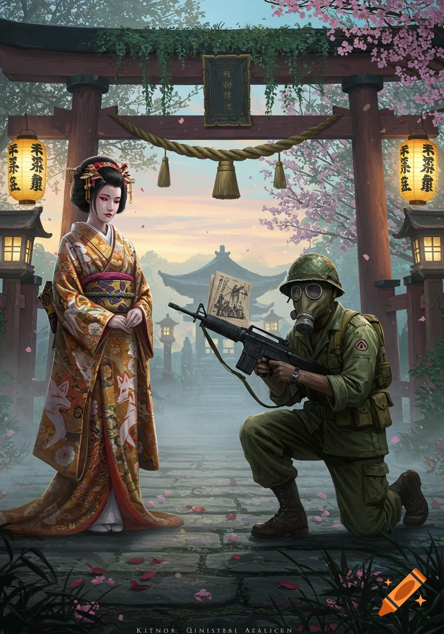 A geisha in a golden kimono stands under a torii gate as a soldier in a gas mask kneels with a rifle and a sketched document. Cherry blossoms fill the scene.