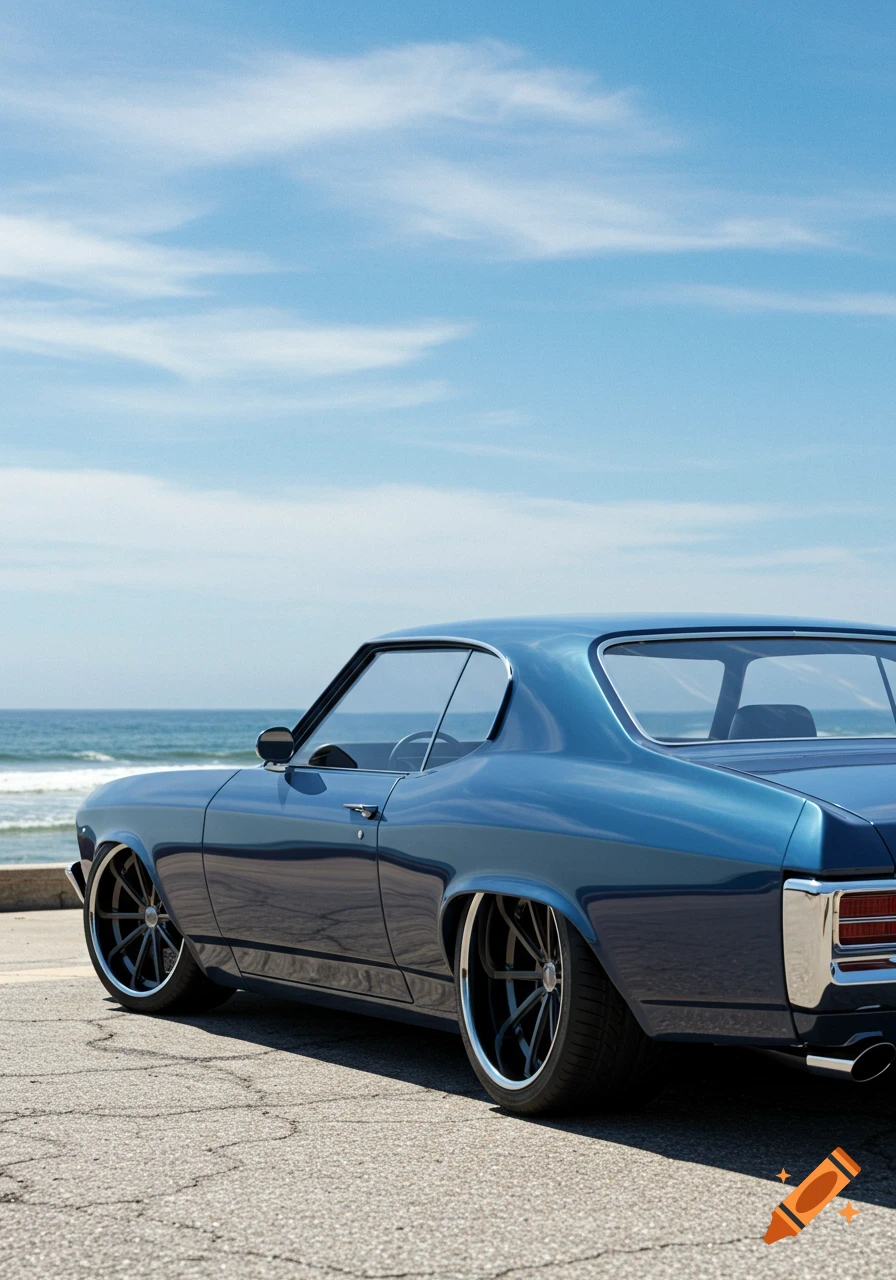 Photorealistic image of a custom blue 1969 Chevrolet Chevelle parked on cracked asphalt next to the ocean on a sunny day.