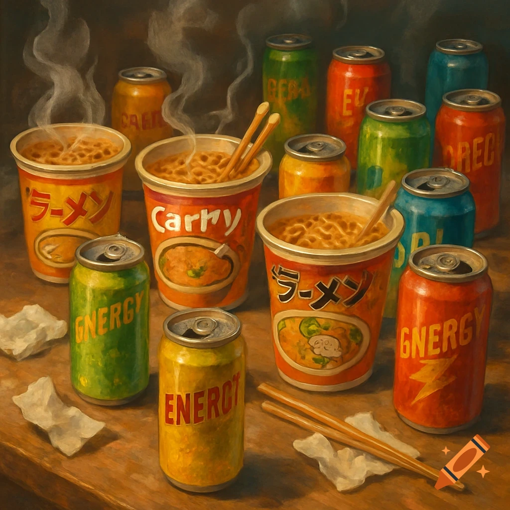 A close-up still life of several steaming ramen cups with chopsticks and various colorful energy drink cans on a wooden table with crumpled papers. The image has a painterly style.