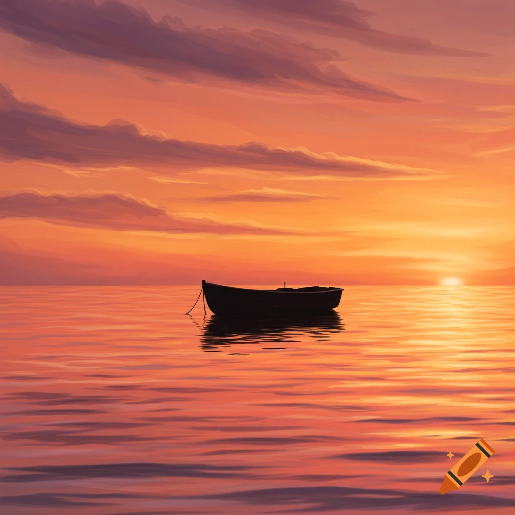 A solitary boat floats on calm water under a vibrant orange and purple sunset.