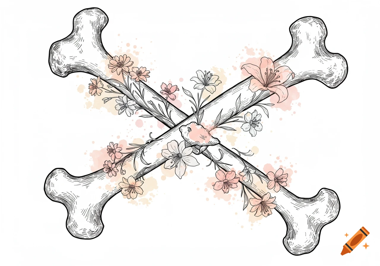 Fine line illustration of two crossed bones adorned with delicate pink and white flowers and watercolor splatters.