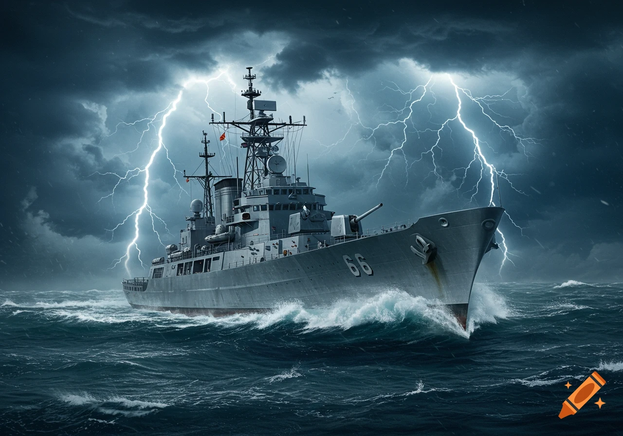 A photorealistic navy warship with the numbers '66' on its bow sails through a stormy sea with lightning striking in the dark sky.