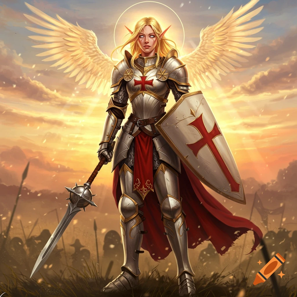 A blonde high elf paladin in detailed plate armor with wings and a halo stands on a battlefield at sunset, holding a sword and shield with a red cross.