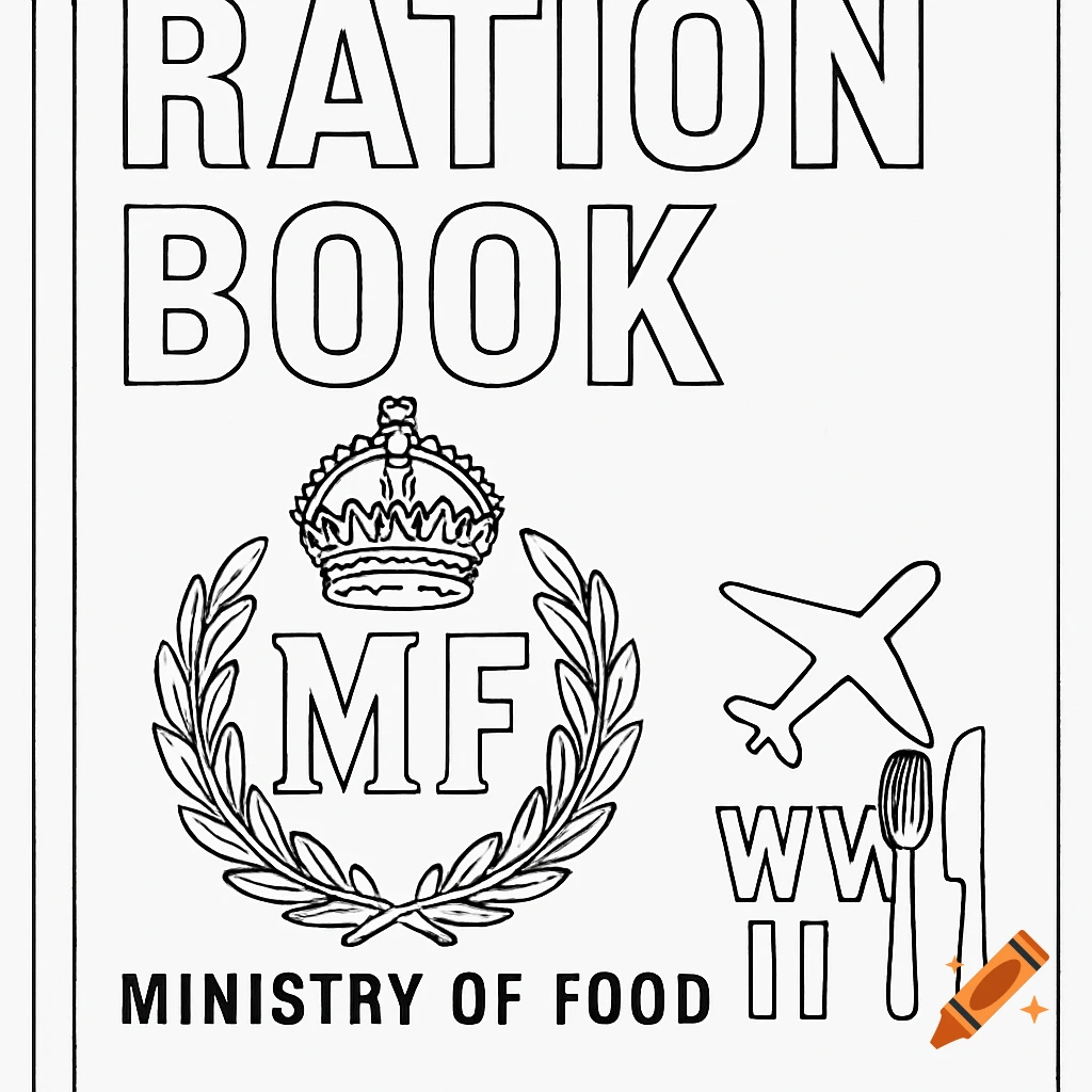 Black and white line art coloring page of a WWII ration book cover with text "RATION BOOK", a crown, "MF", plane, cutlery, and "MINISTRY OF FOOD".