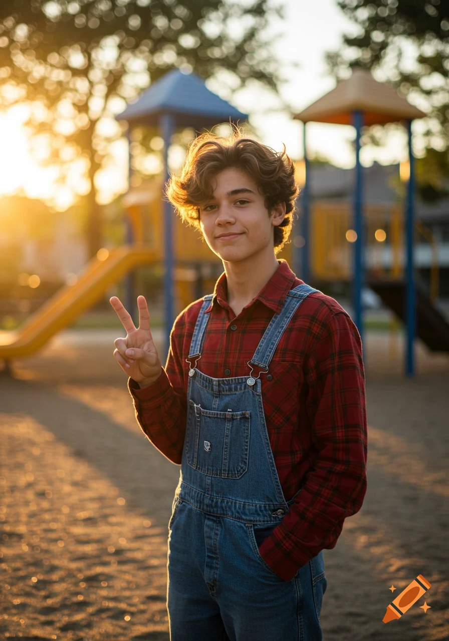 Photorealistic portrait of a smiling teenage boy in overalls giving a peace sign at a playground during golden hour.