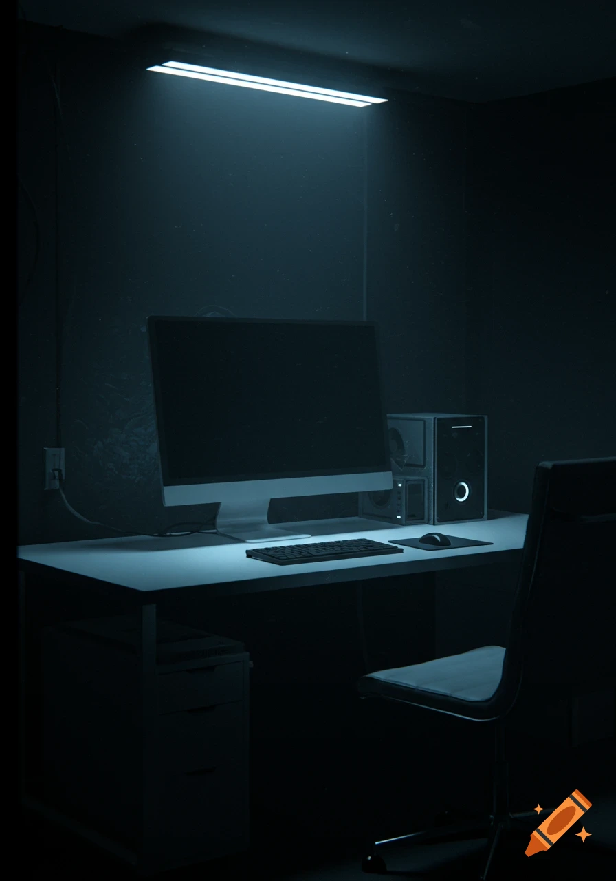 A minimalist computer desk in a dark room, illuminated by a strip light. A black monitor, keyboard, mouse, and desktop tower are visible.