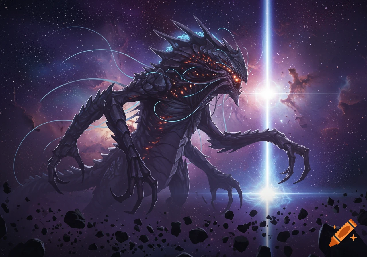 A menacing alien monster with glowing eyes and bioluminescent accents in a purple galaxy with a bright blue light and asteroids.