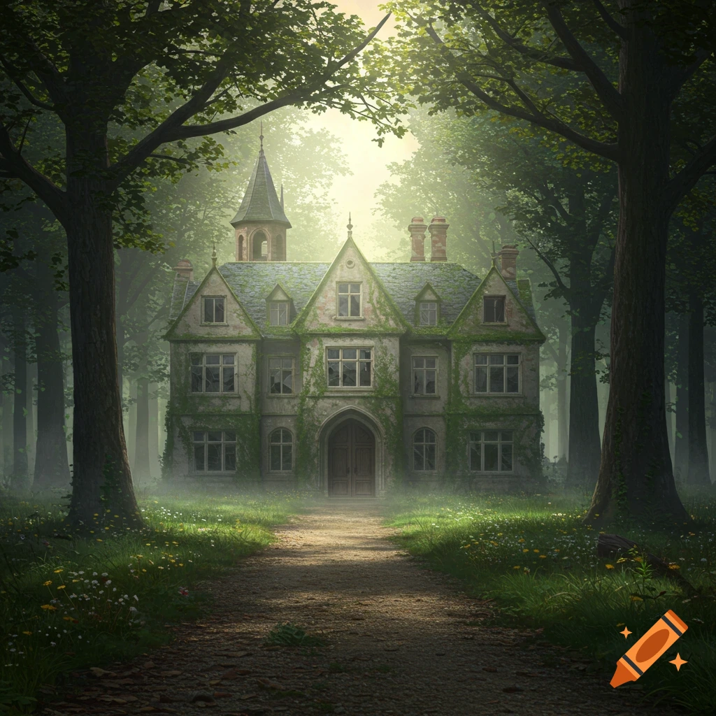An old, ivy-covered mansion stands at the end of a forest path, bathed in sunlight filtering through the dense trees.