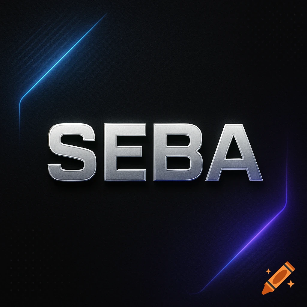 A silver metallic 'SEBA' text on a dark textured background with glowing blue and purple neon lines.