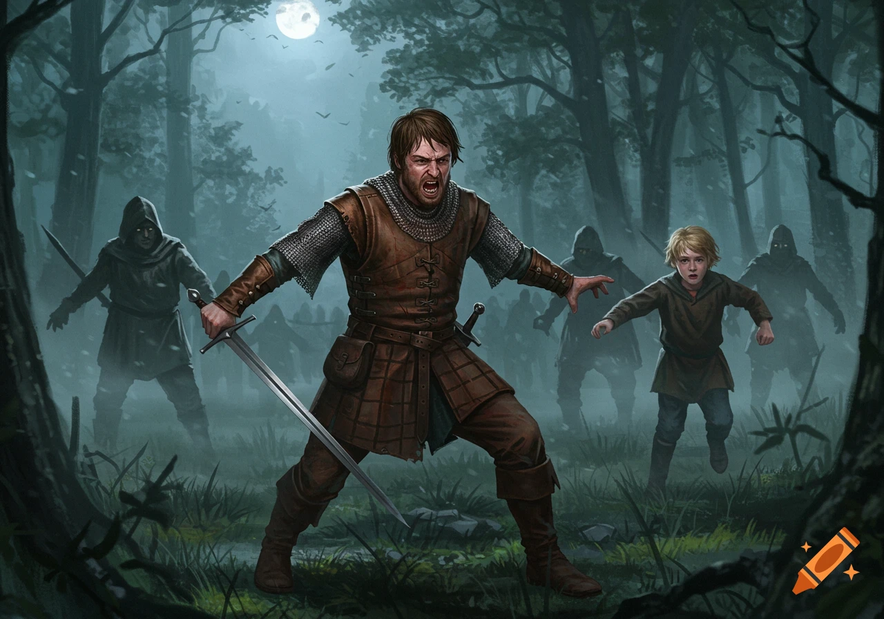 A man with a sword fiercely protects a running child from hooded figures in a dark, misty forest under a full moon, fantasy art.