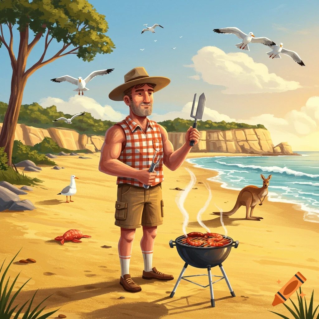 An illustrated man in a hat and plaid shirt barbecuing on a sunny Australian beach with a kangaroo and seagulls.