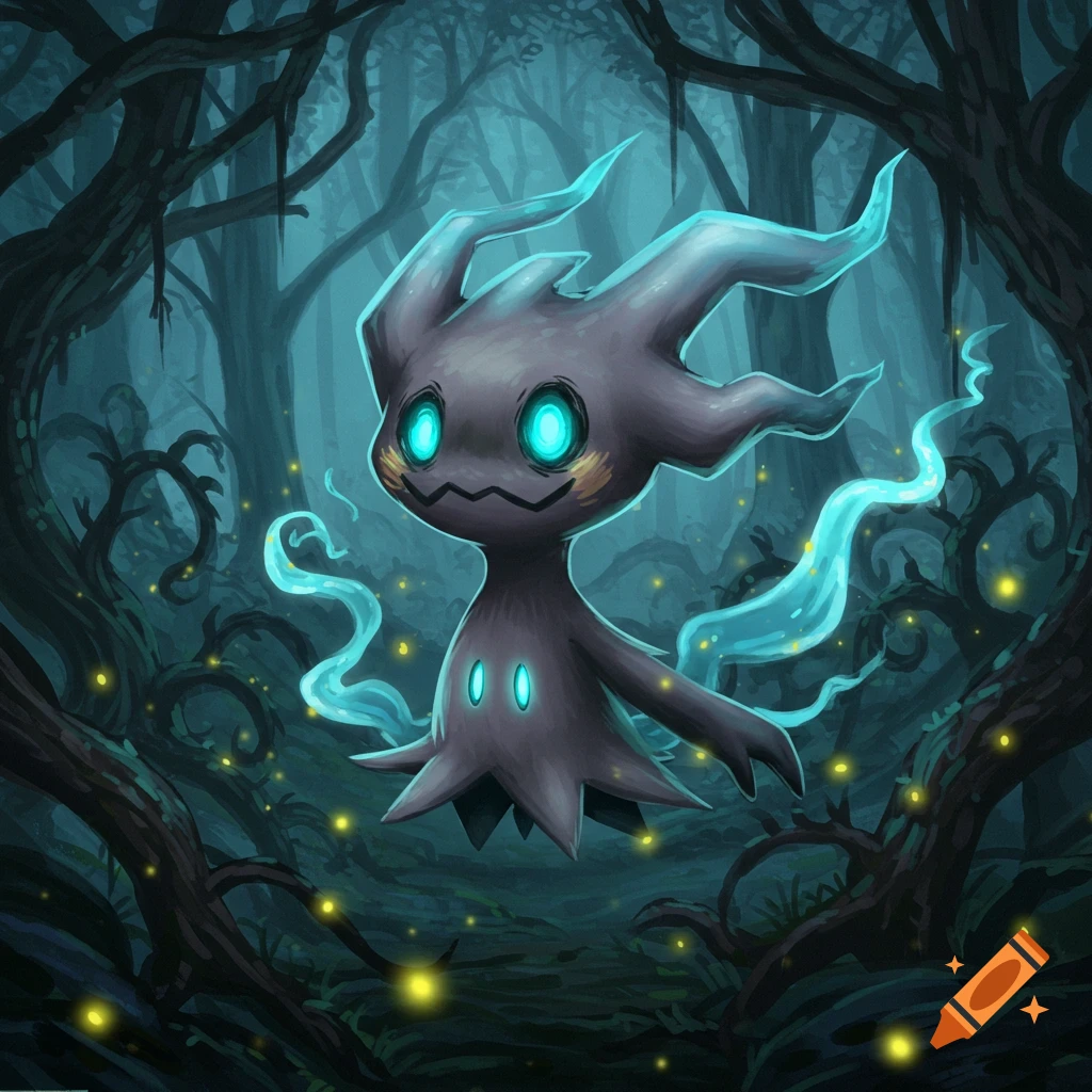 A glowing, ghost-like Misdreavus Pokmon with teal eyes floats in a dark, eerie forest with glowing yellow lights and twisted trees.