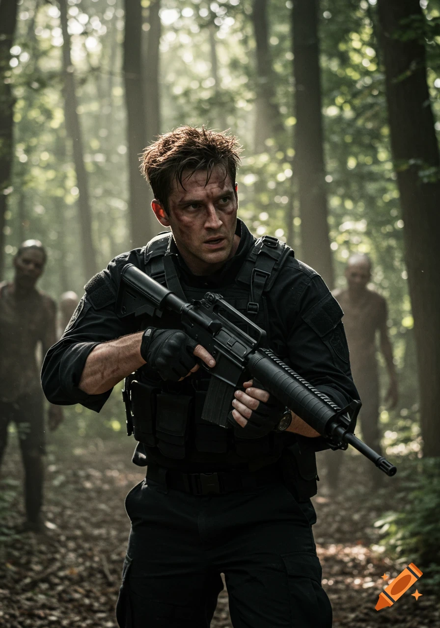 A photorealistic man in black tactical gear with an M16 rifle looks intently in a forest with blurred zombies in the background.