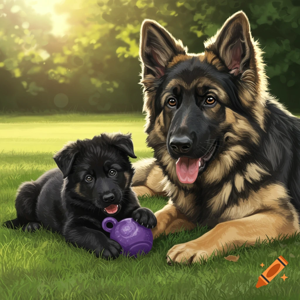 An illustration of a large German Shepherd dog and a black puppy in a sunny green field, with the puppy chewing a purple toy.