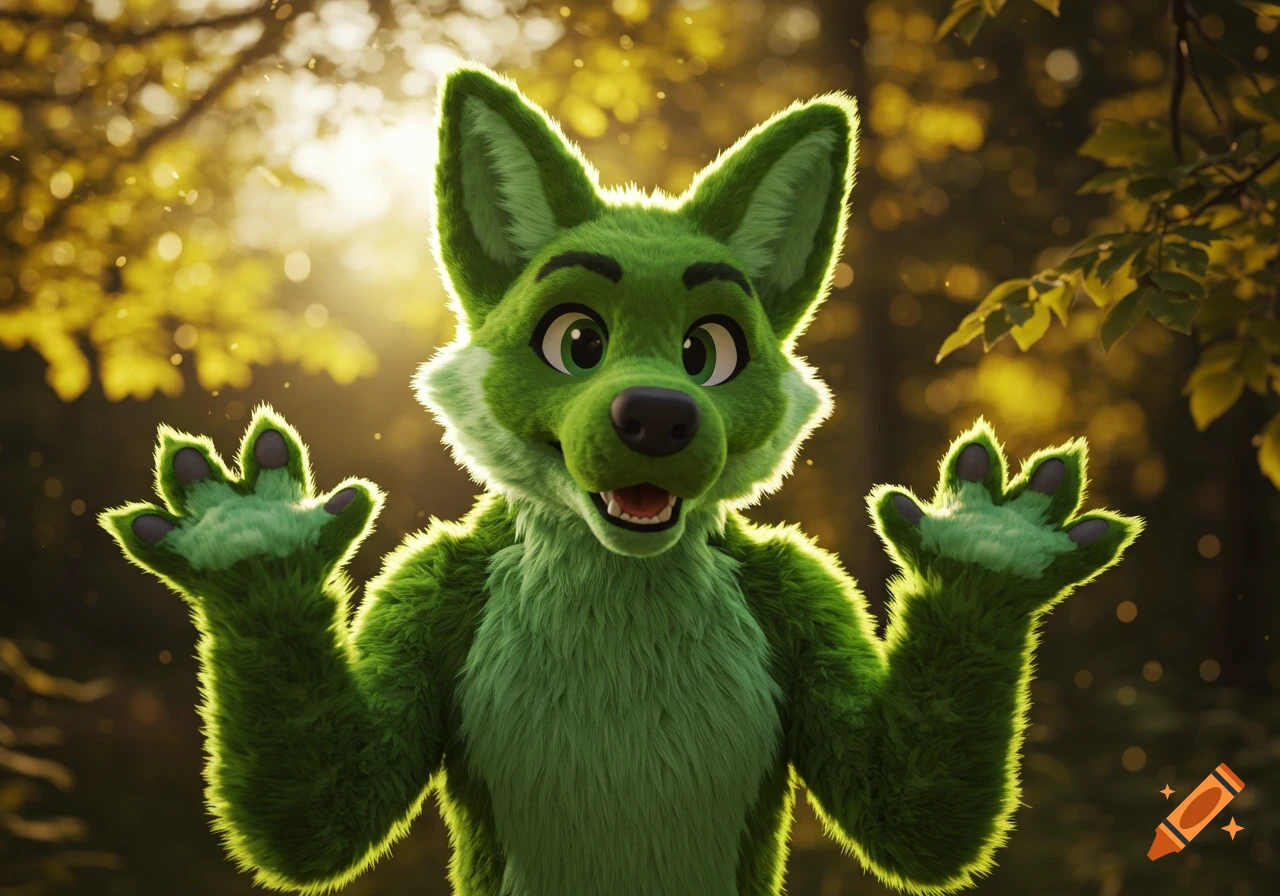 A vibrant green coyote fursuit with large eyes and a friendly expression stands in a sunlit forest.