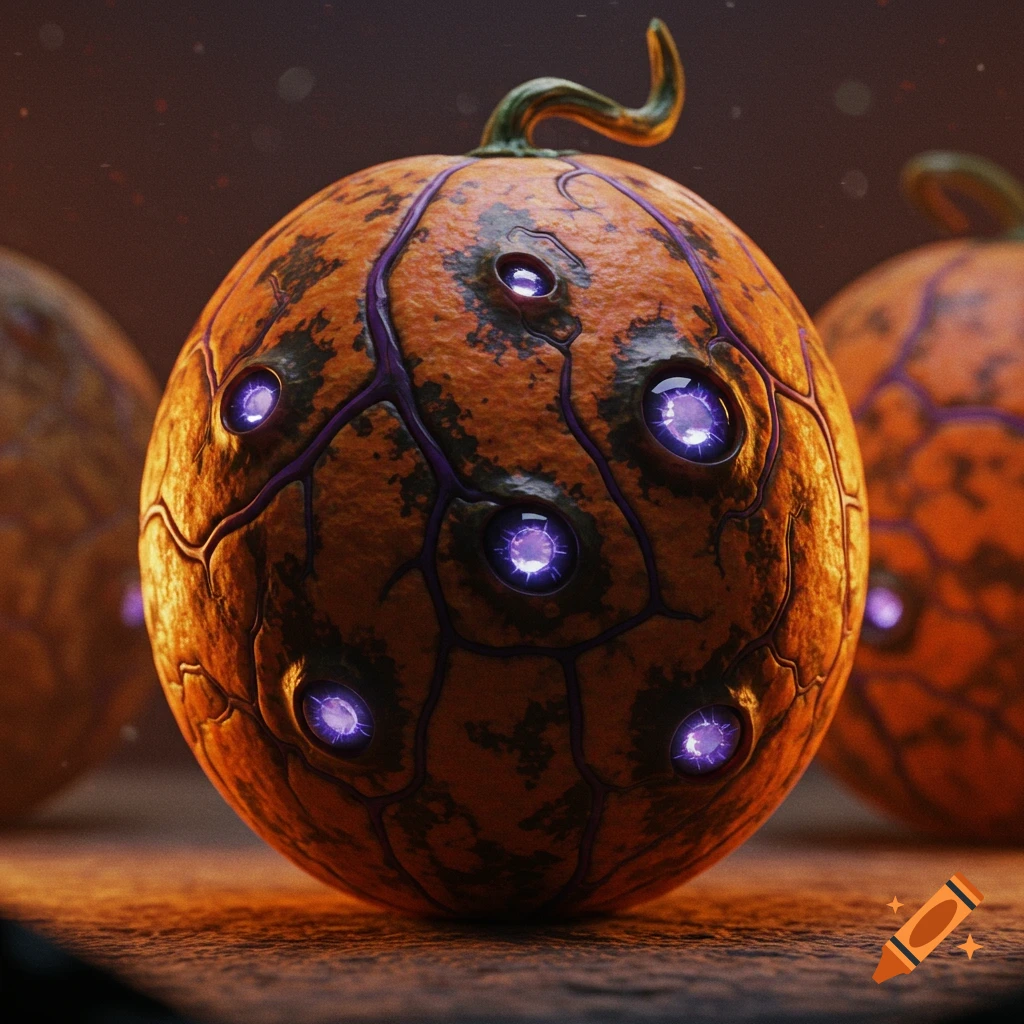 A close-up of a fantasy fruit with an orange and black rind, deep purple veins, and glowing purple 'eyes' on its surface.