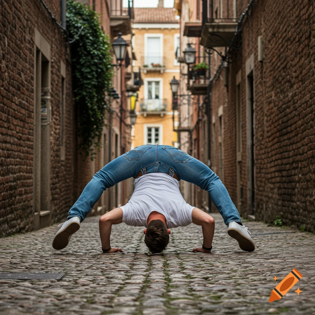 A person in jeans and a white shirt performs a deep backbend pose with hands on a cobblestone street in a narrow urban alley.